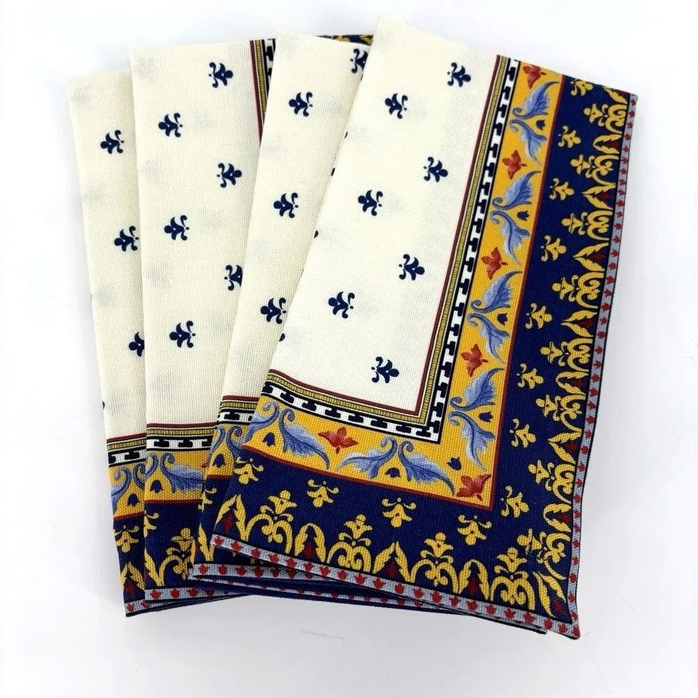 Williams Sonoma Sicily Dinner Napkins Set of 4 Blue Yellow Fleur De Lis Italy